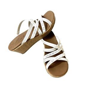 Skechers Cali Luxe Foam Wedge Cork Sandals Women's 11 Slip On White Faux Leather